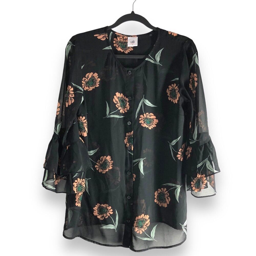 Cabi 5206 Size Small La Di Da Floral Bell Sleeve‎ Boho Blouse Top Sheer Flowy